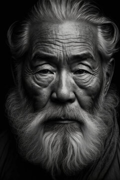 japanese old man portrait photography black and white, Generative AI