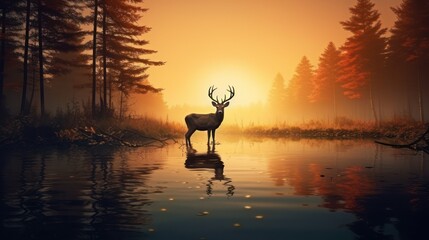 View of the silhouette of an elk deer in calm swamp waters in the middle of the pine tree forest during a foggy morning runrise scene.