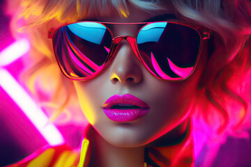 young woman with sunglasses close up photography neon lights, Generative AI