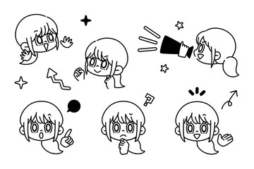 顔と手　ポーズ　表情　セット　白黒