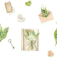 Seamless Pattern Of Hand Drawn Watercolor Lily Of The Valley