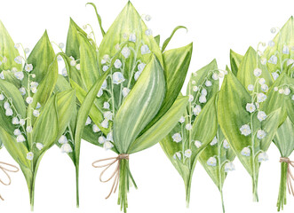 Seamless Border Of Hand Drawn Watercolor Lily Of The Valley