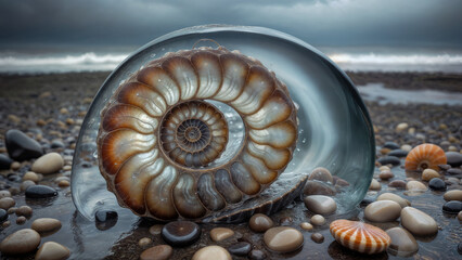 Unreal translucent jelly like membrane shell of a prehistoric ammonite fossil spiral embedded into rocky pebbles and tumbled beach seashells, grey overcast clouds and ocean waves in background. 