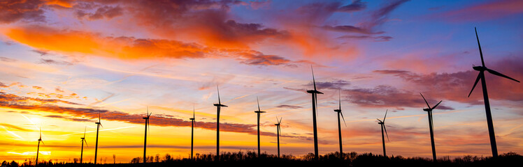 a modern wind park spinning in the morning light panorama