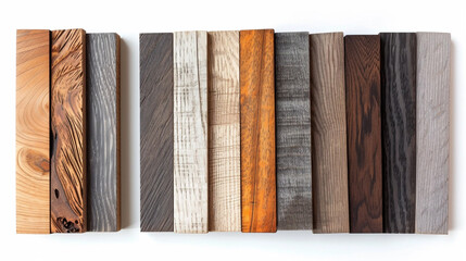 Textured wooden samples of veneer in different texture in grey tone for example ash ,oak ,chestnut ant walnut isolated on white background