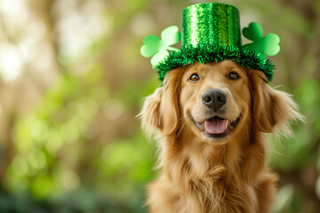 Funny cute dog wearing green Saint Patrick Day hat. Charming Labrador retriever in festive hat with...