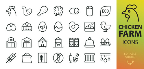 Poultry farm isolated icons set. Set of chicken coop, eggs, feed bin, feed and feeders, chick, poultry drinking, incubator for hatching eggs, henhouse, chicken carcass, wings, legs vector icons © Altop Media