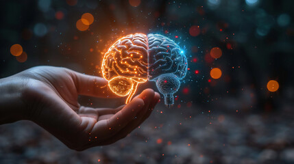 Illuminated Human Brain Hemispheres in Hand - Cognitive Science, Neurology, Intelligence, Innovation and Creativity Concept - obrazy, fototapety, plakaty
