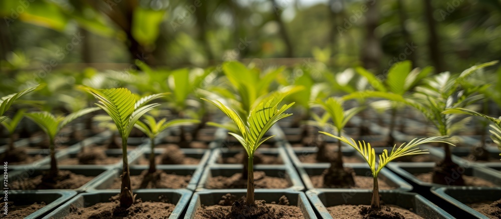 Poster palm tree seedlings in an amazonian greenhouse ready to restore devastated rainforest through refore