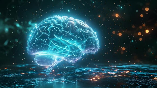 A holographic image of a brain lights up as the speaker explains tingedge research on neurological disorders.