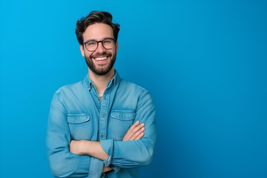 clever wit hispanic man standing smiling in a blue shirt on contemporary blue background with arms crossed. generative AI