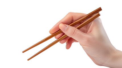 Female hand holds wooden chopsticks isolated, no background