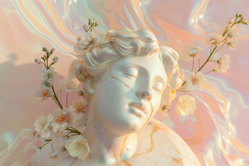 iridescent pastel background with marble plinth statue bust statue 