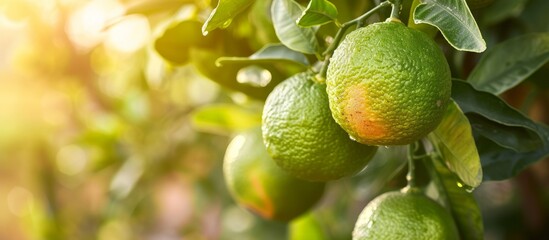 Ripe bergamot oranges hanging on a tree, citrus bergamia. - obrazy, fototapety, plakaty