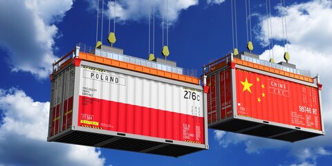 Shipping containers with flags of Poland and China - 3D illustration