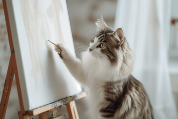 The cat with a paintbrush and palette, standing in front of an easel on a white minimalist room. Minimalistic pets style isolated over light background