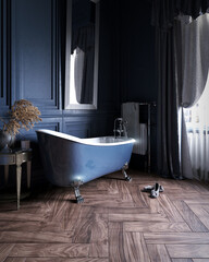 Classic bathroom with blue wall, herringbone parquet, blue bathtub, coffee table with plant