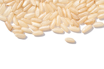 A background of dry brown rice grains showcases the integral, uncooked basmati texture. The macro view highlights the raw nature of this organic, whole food.
