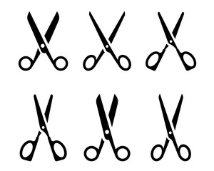 Set of black scissors icons in various cutting positions vector 10 eps
