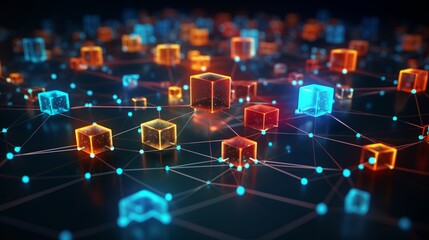 Distributed ledger technology: blockchain network concept with computer connection on colored background