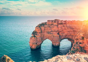 Peel and stick wall murals Marinha Beach, The Algarve, Portugal Two arches in the rock. Rock Elephant drinks water. View of Praia da Marinha and Benagil beach in the Algarve region of the Atlantic Ocean, Portugal