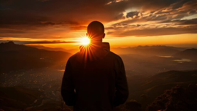 A Black African man stands atop a craggy peak the rising sun slowly lighting his silhouette. Gazing out at the vast landscape ahead