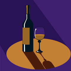 A bottle of white wine with a glass on a round table. Minimalistic and flat color drawing. Vector illustration