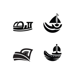 vector cruise ships and boats. barge,   shipping and fishing boat signs. black silhouette of marine vehicles