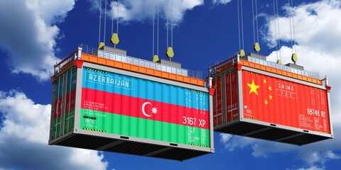 Shipping containers with flags of Azerbaijan and China - 3D illustration