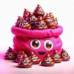 Humorous Pile of Poop Emojis Spilling from Bright Pink Bag on White Background