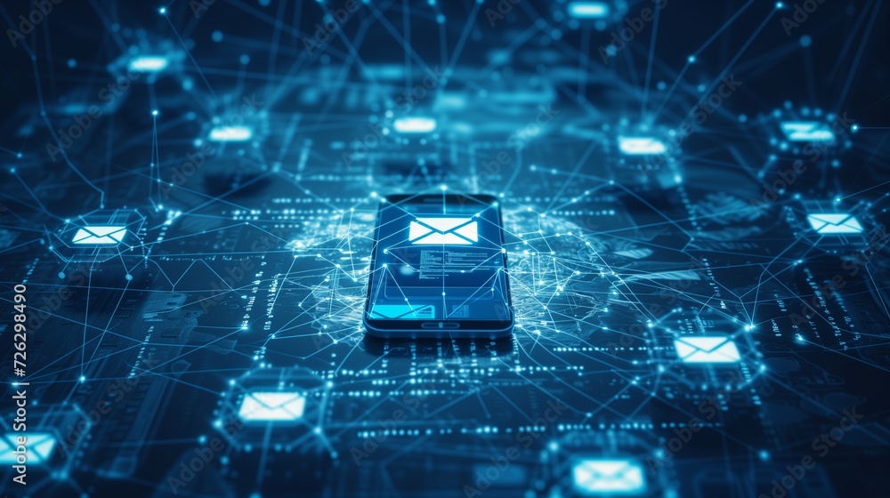 Poster mobile email security, a futuristic depiction of a mobile device surrounded by a force field of prot