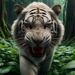 Bengal tiger, the top predator walking through the jungle forest, sharp eyes for food, the greatness of nature, the world of the jungle. Generative AI