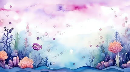 Whimsical underwater seascape in watercolor style with copy space for text