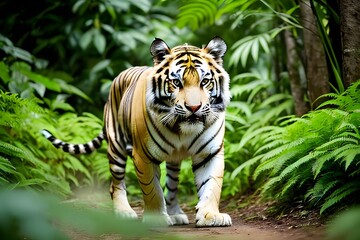 Obraz premium Bengal tiger, the top predator walking through the jungle forest, sharp eyes for food, the greatness of nature, the world of the jungle. Generative AI