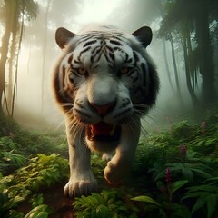 Bengal tiger, the top predator walking through the jungle forest, sharp eyes for food, the greatness of nature, the world of the jungle. Generative AI