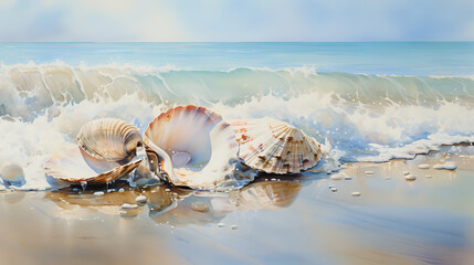 Seashells on the shore with splashing waves
