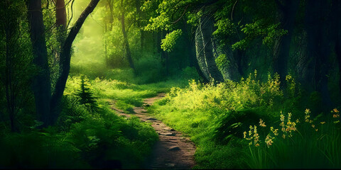 Beautiful green summer forest. Spring background. Generative AI.