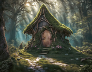 Il était une fois, dans une forêt mystérieuse et enchantée, une petite hutte cachée au cœur d'une clairière secrète - obrazy, fototapety, plakaty