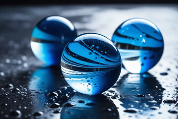 Abstract Blue Marbles sphere on a Wet Surface Wallpaper Background - obrazy, fototapety, plakaty