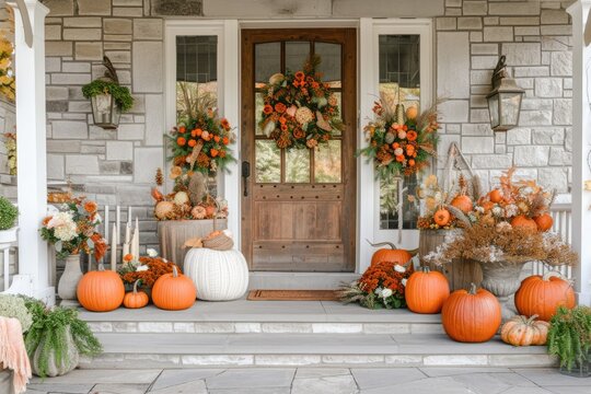 A charming Thanksgiving themed front porch with pumpkins, wreaths, and seasonal flowers