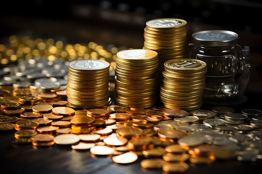 stack of gold coins on the table. coins on a black background.
Stacks of golden coins on a circuit board with bokeh lights. Advertising crypto coins and courses about money and investors