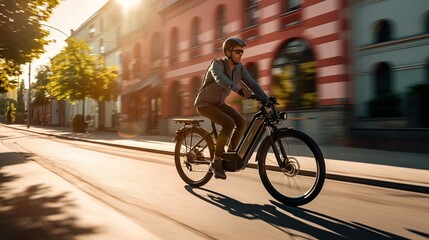 Dynamic image of a commuter cycling swiftly through an urban setting, reflecting a lifestyle of health and modern city life, ideal for environmental and urban design themes with copy space.