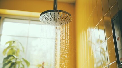 Warmly lit shower with gleaming metal head, water droplets in motion, set against a backdrop of cheerful yellow tiles, creating an inviting and warm bathroom ambiance with space for text.