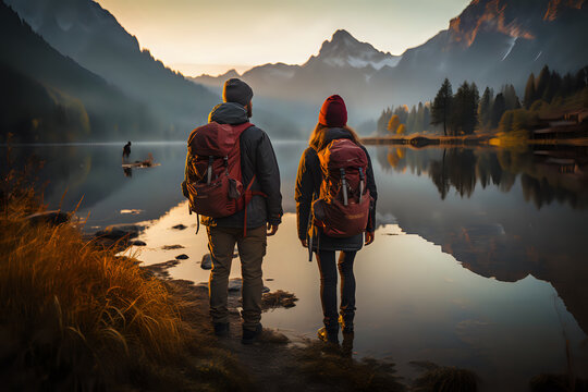 Adventurous couple enjoying a hike in the mountains