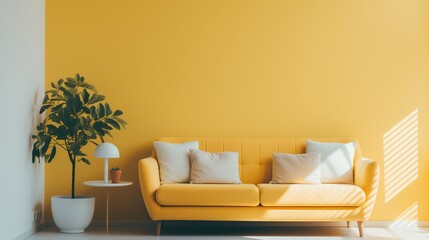 A modern living room with a yellow sofa and chic decor, an epitome of contemporary interior design with a welcoming ambiance for text placement.