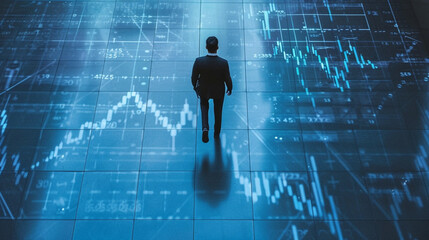 top view of businessman walking on full screen performance charts