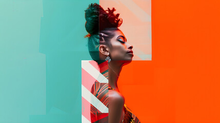Photo of charming beautiful African female model with colorful creative makeup set against a background of abstract geometric contrast shapes in bright ethnic colors. Fashion style photo.