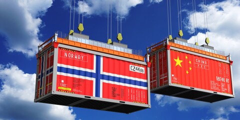 Shipping containers with flags of Norway and China - 3D illustration