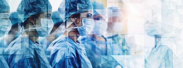 Surgeons in scrubs and masks with a superimposed crystalline digital pattern symbolizing precision. Generative AI