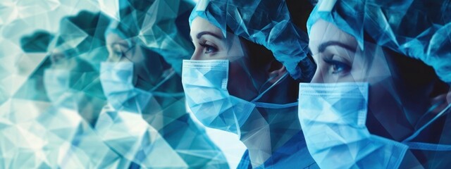 Surgeons in scrubs and masks with a superimposed crystalline digital pattern symbolizing precision. Generative AI